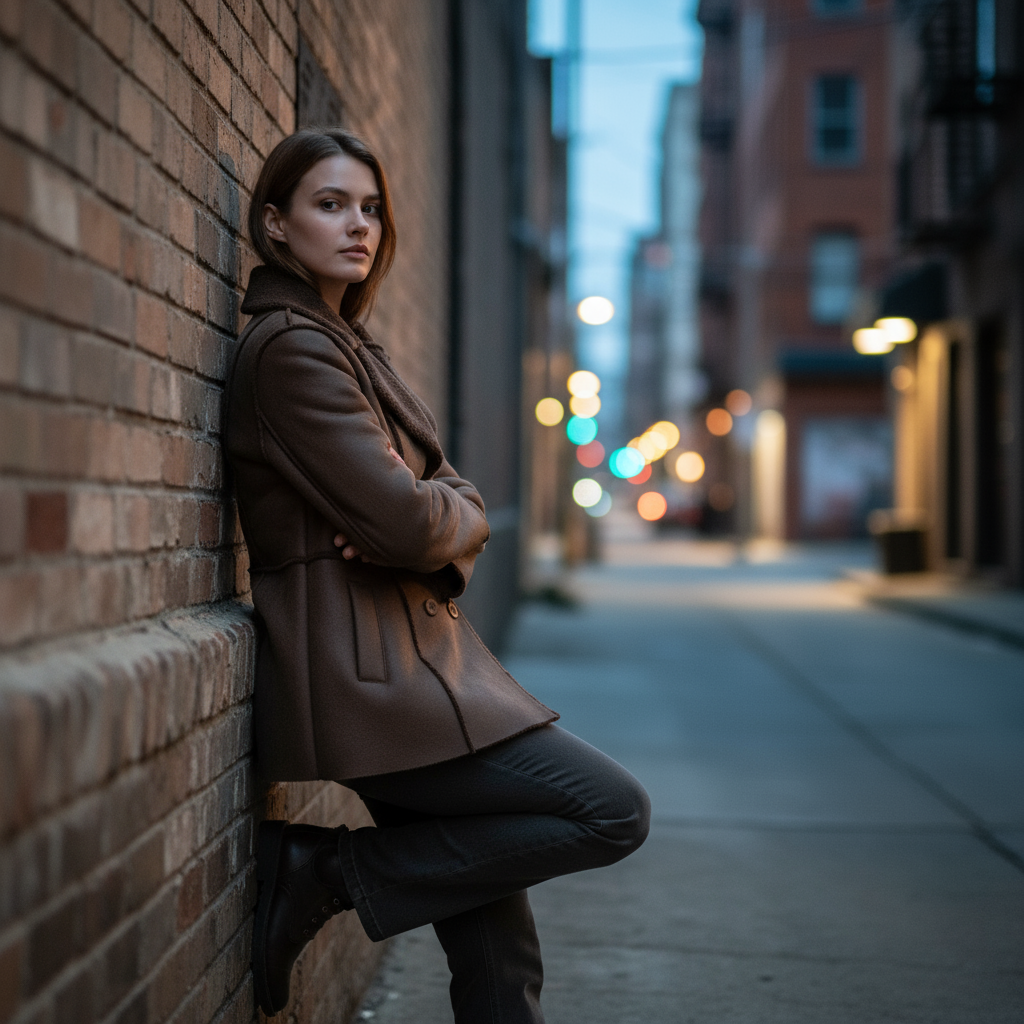 Woman leaning against a brick wall on a city street at night.