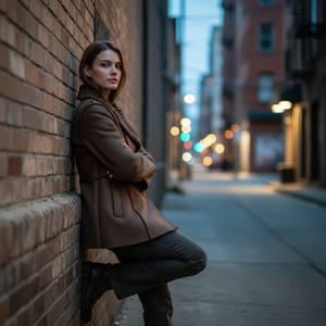 Woman leaning against a brick wall on a city street at night.