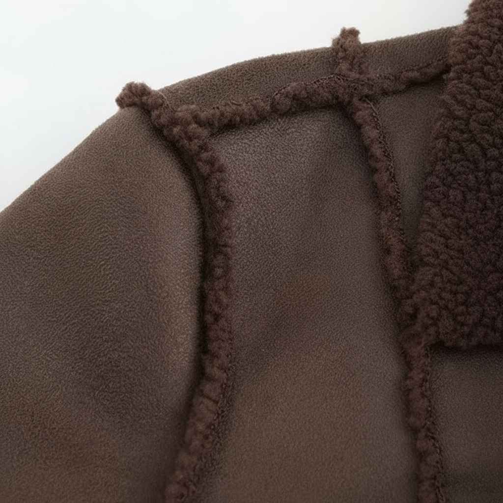 Close-up of brown fleece fabric with tassels on a white background