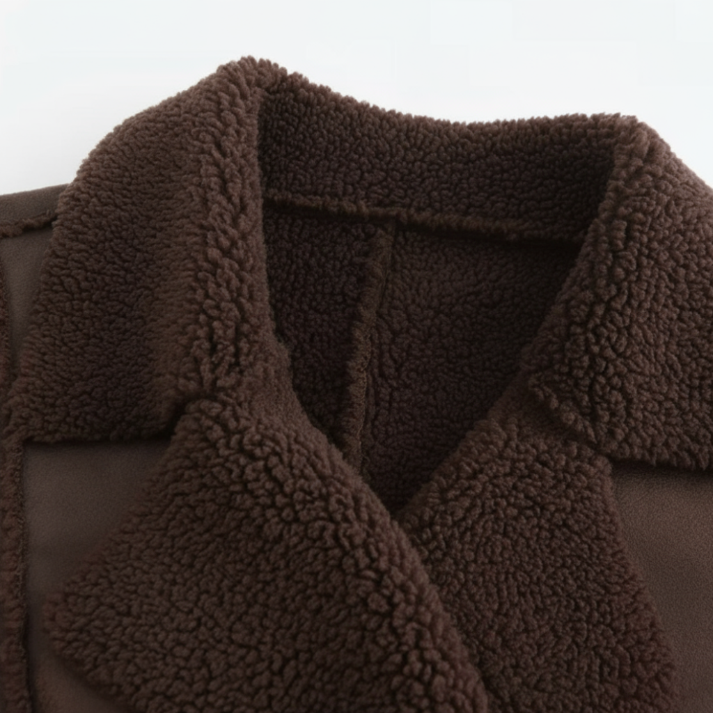 Close-up of a brown sherpa-lined jacket with a white background