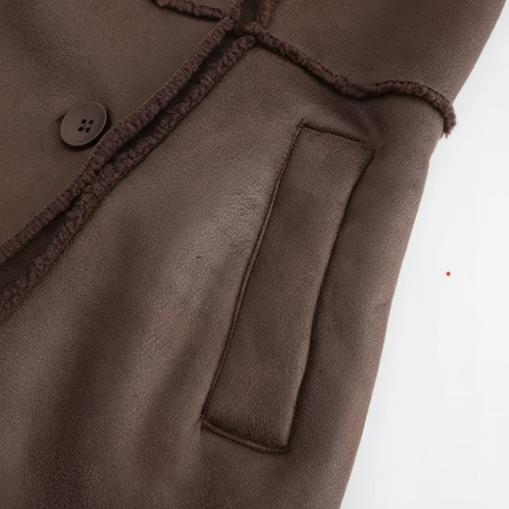 Close-up of a brown coat with a button and pocket on a white background