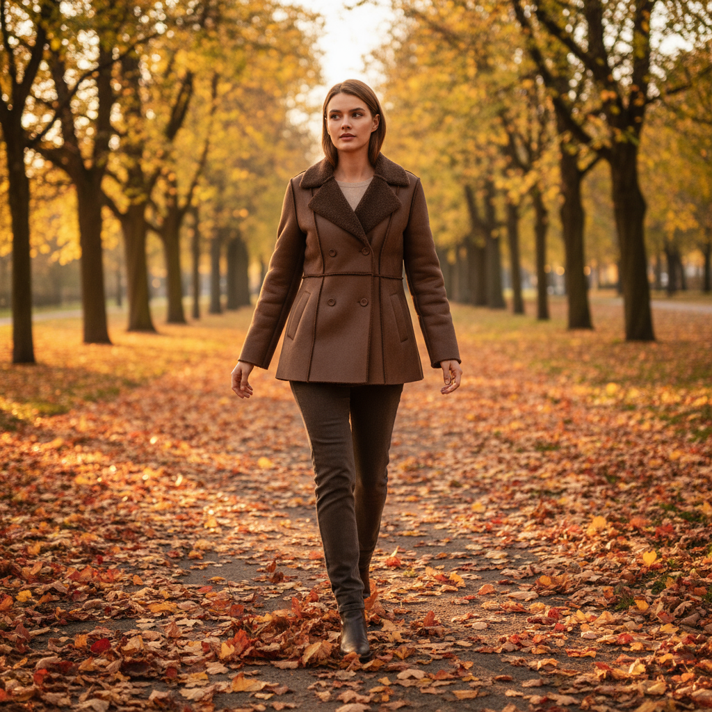 Woman walking in a park with autumn leaves and trees.