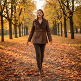 Woman walking in a park with autumn leaves and trees.