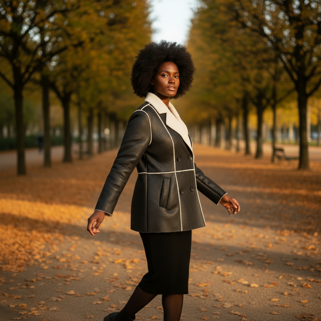 Woman walking in a park with autumn leaves and trees in the background