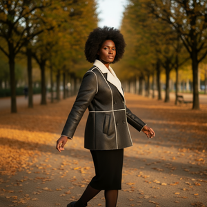 Woman walking in a park with autumn leaves and trees in the background