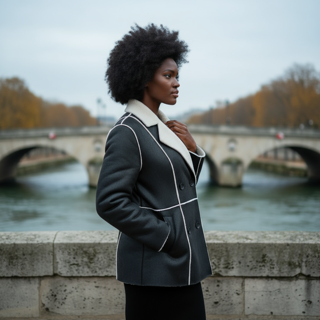 Woman in a dark coat with white trim standing by a river with a bridge in the background