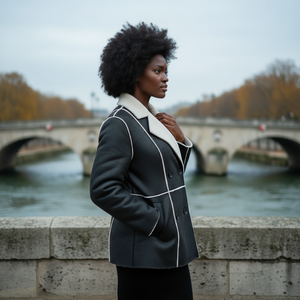 Woman in a dark coat with white trim standing by a river with a bridge in the background