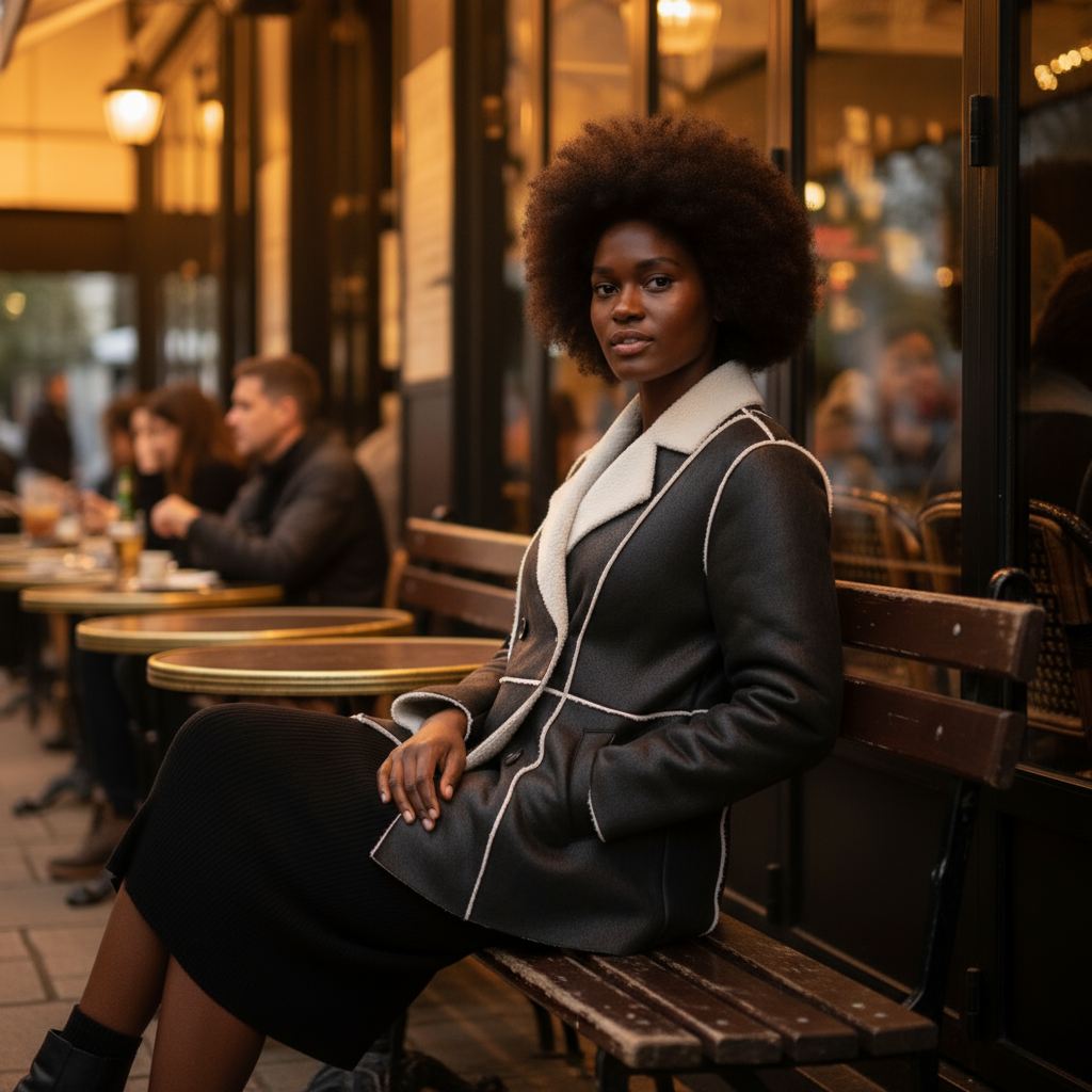Woman sitting on a bench in an outdoor cafe setting