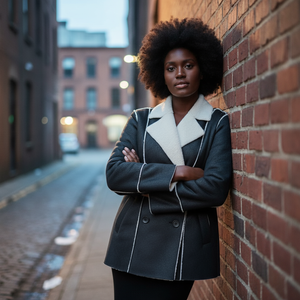 Woman leaning against a brick wall on a city street