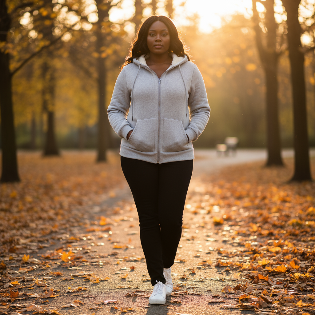 Woman walking in a park with autumn leaves and trees in the background