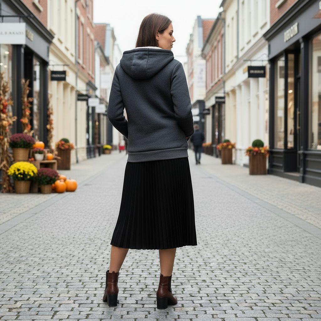 Woman walking down a street wearing a dark hoodie and black skirt.