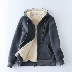 Gray hoodie with beige interior lining on a white background
