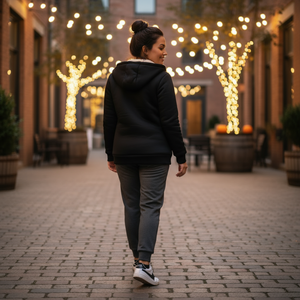 Woman walking on a cobblestone street with decorative lights in the background