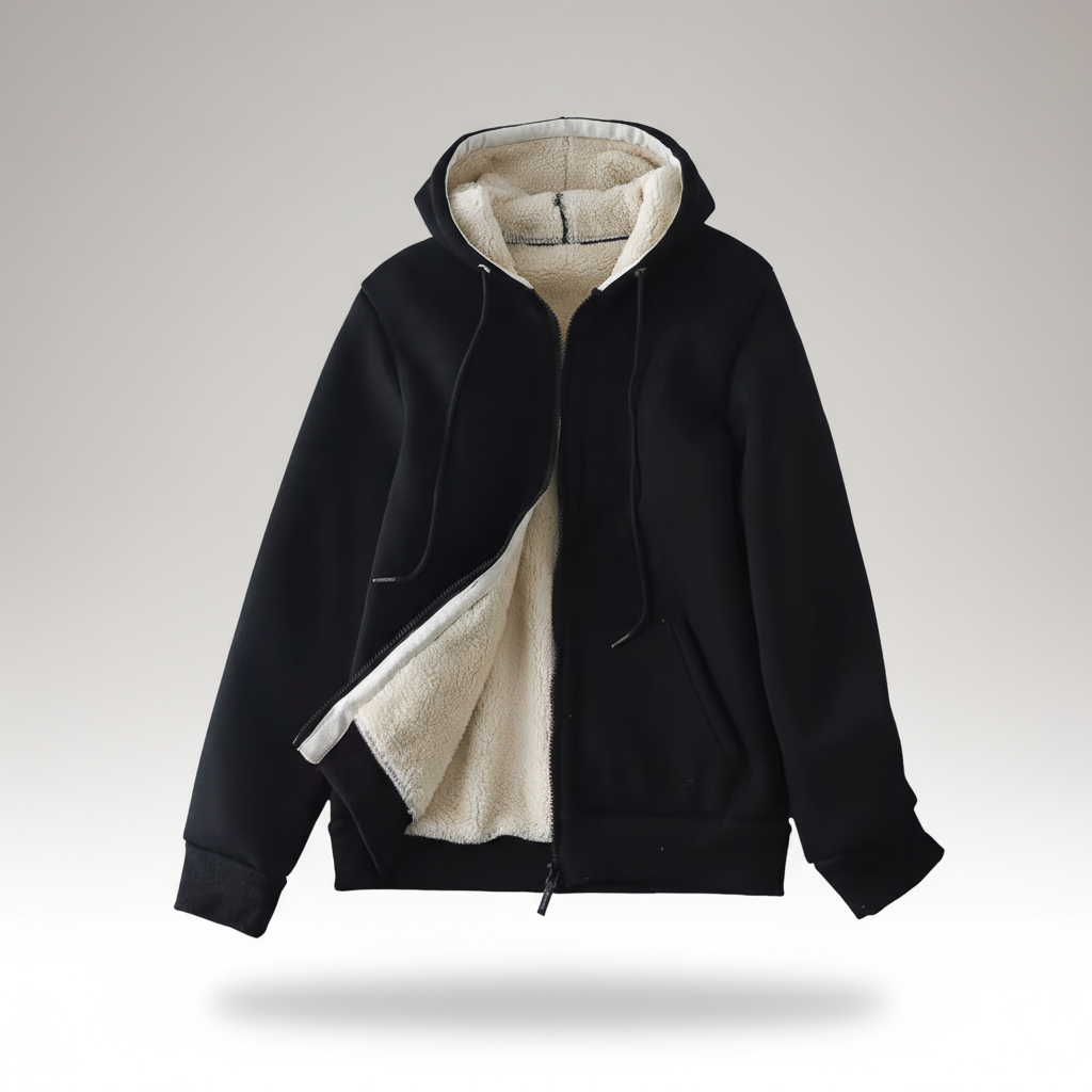 Black hoodie with white fleece lining on a light gray background