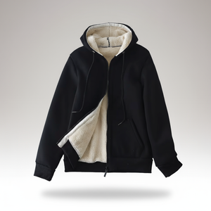 Black hoodie with white fleece lining on a light gray background
