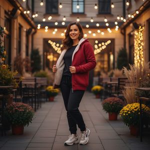 Woman standing in a cozy outdoor setting with string lights and plants