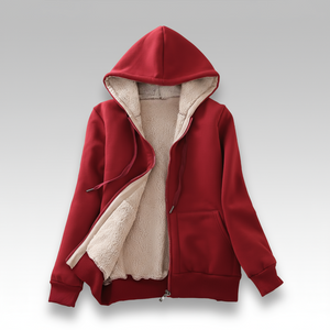 Red hoodie with beige fleece lining on a light gray background