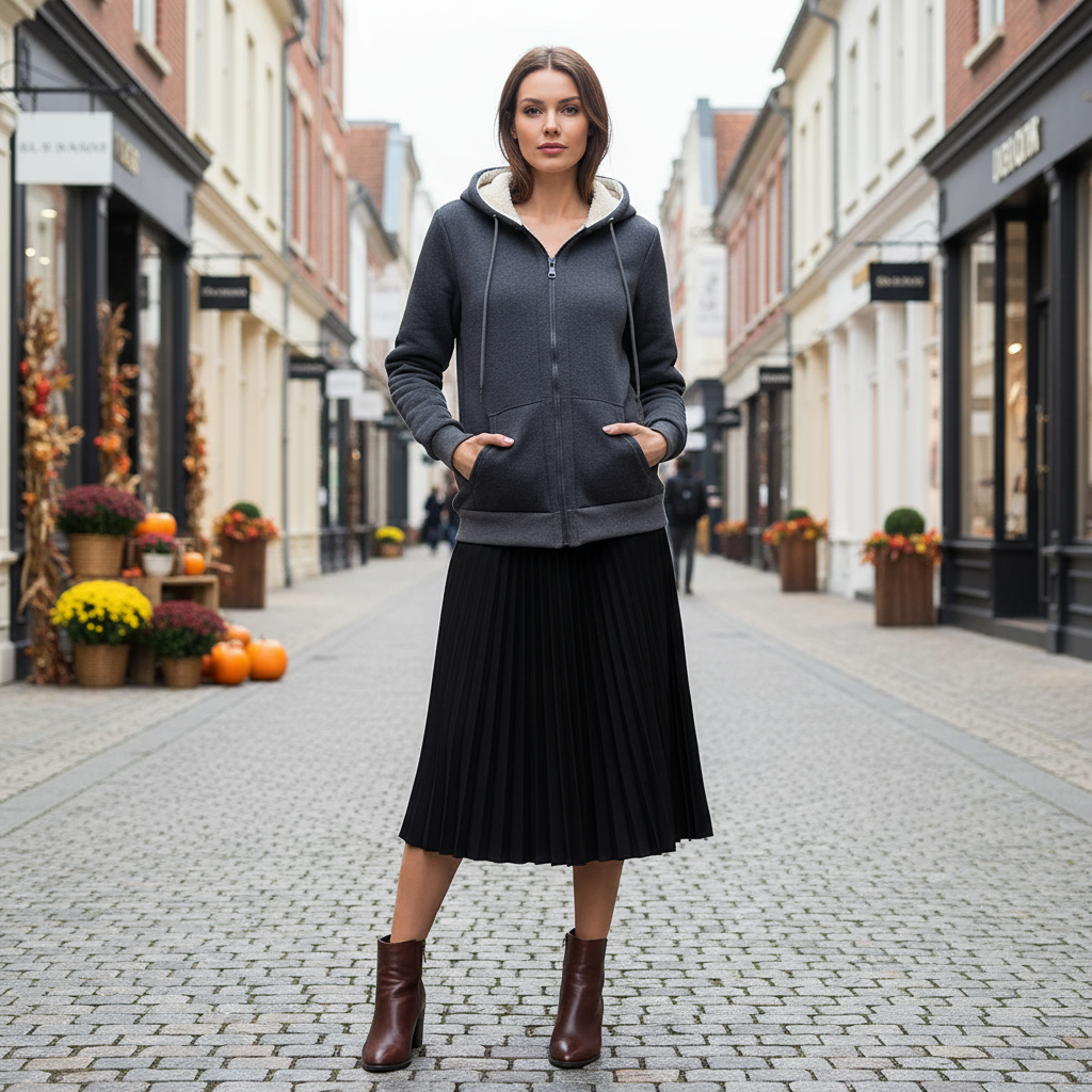 Woman wearing a dark gray hoodie and black skirt standing on a street with shops and decorative pumpkins.