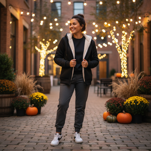 Woman walking in a festive outdoor setting with lights and pumpkins