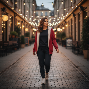 Woman walking down a street with string lights on buildings