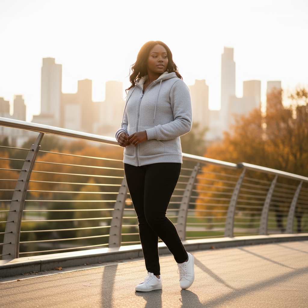 Woman in a gray hoodie and black pants standing on a bridge with a city skyline in the background.