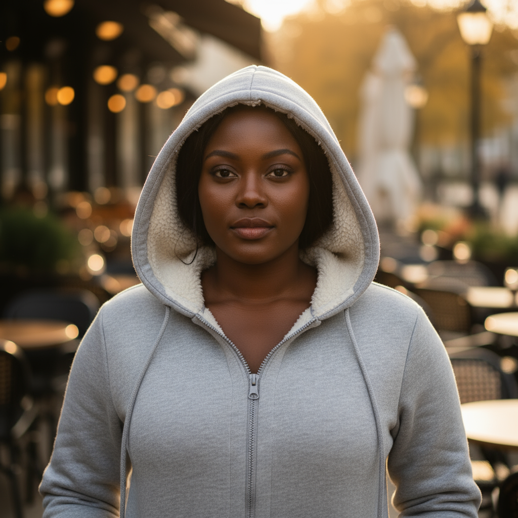 Person wearing a gray hoodie in an outdoor setting with blurred background