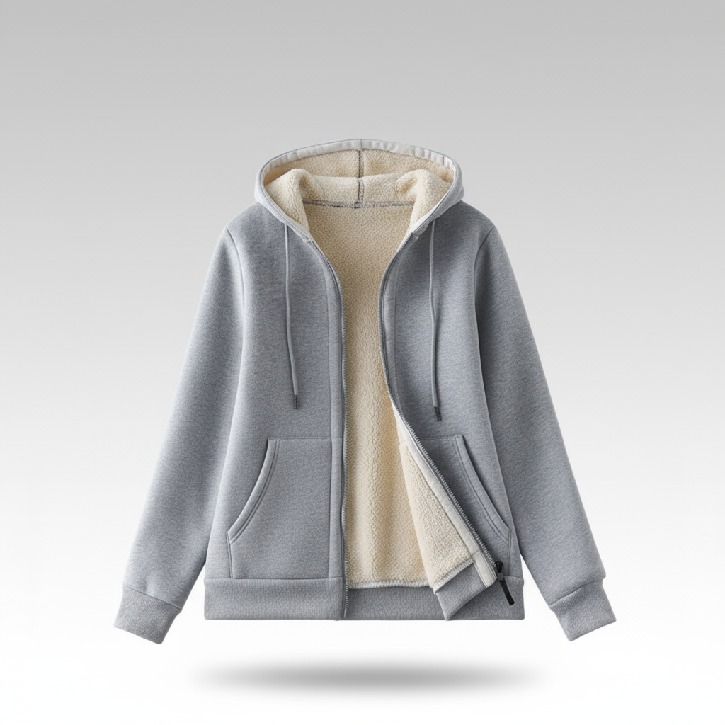 Gray hoodie with beige lining on a light gray background