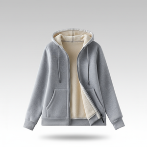 Gray hoodie with beige lining on a light gray background