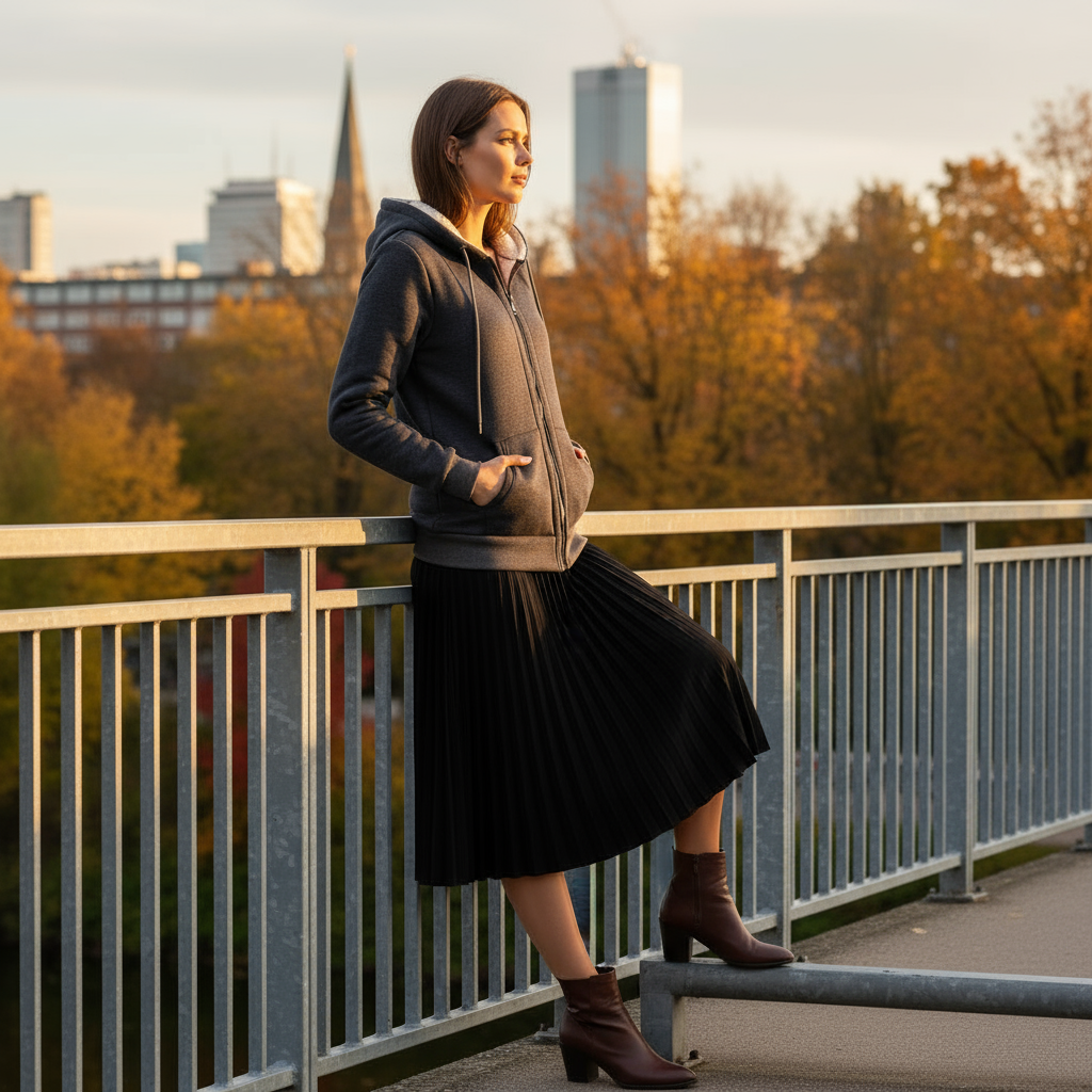 Woman standing on a bridge with a cityscape and autumn trees in the background