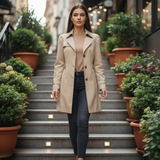 Woman in a beige trench coat walking up a set of stairs with plants on either side.