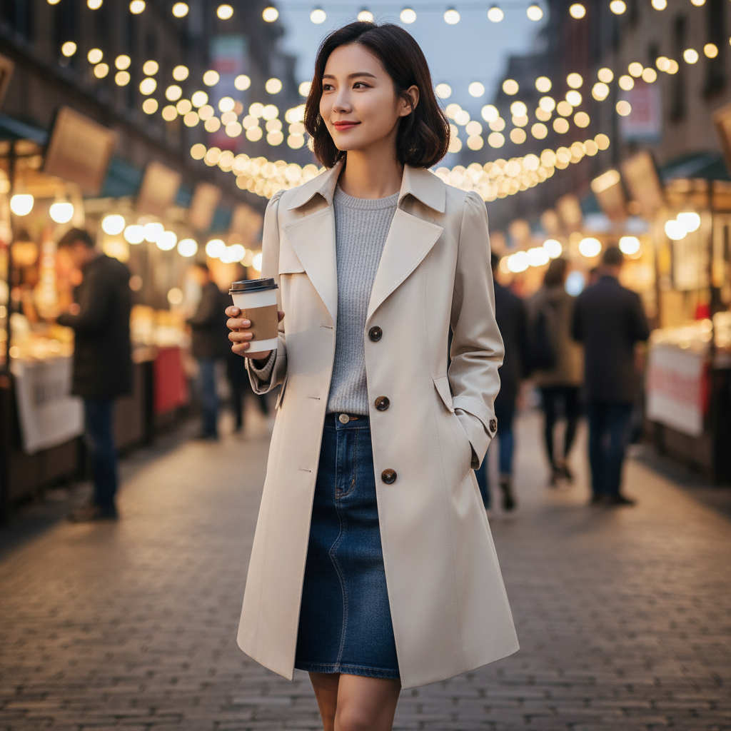 Woman wearing a beige trench coat holding a coffee cup while walking through a market with string lights.