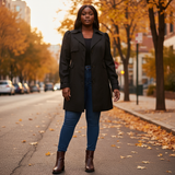 Woman in a black coat and blue jeans standing on a street with autumn leaves and trees.