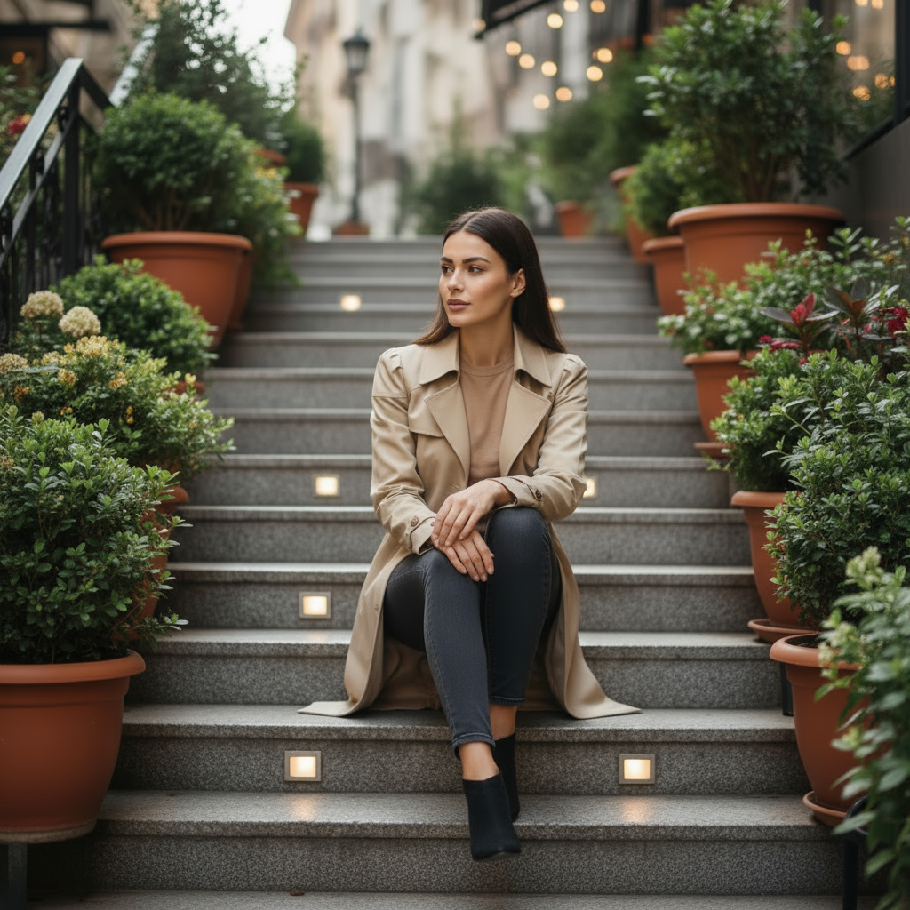 Woman in a trench coat sitting on outdoor steps surrounded by potted plants