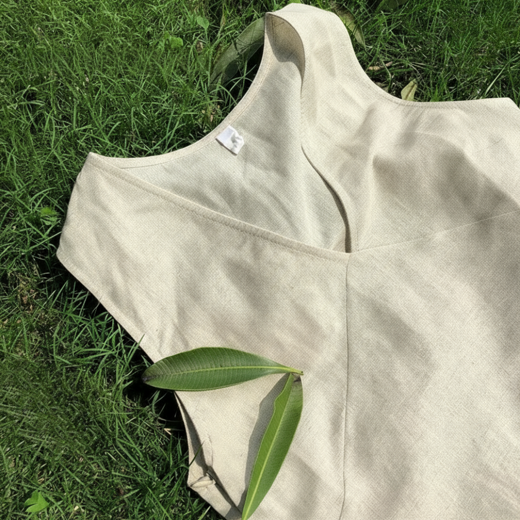 Beige dress lying on grass with a leaf