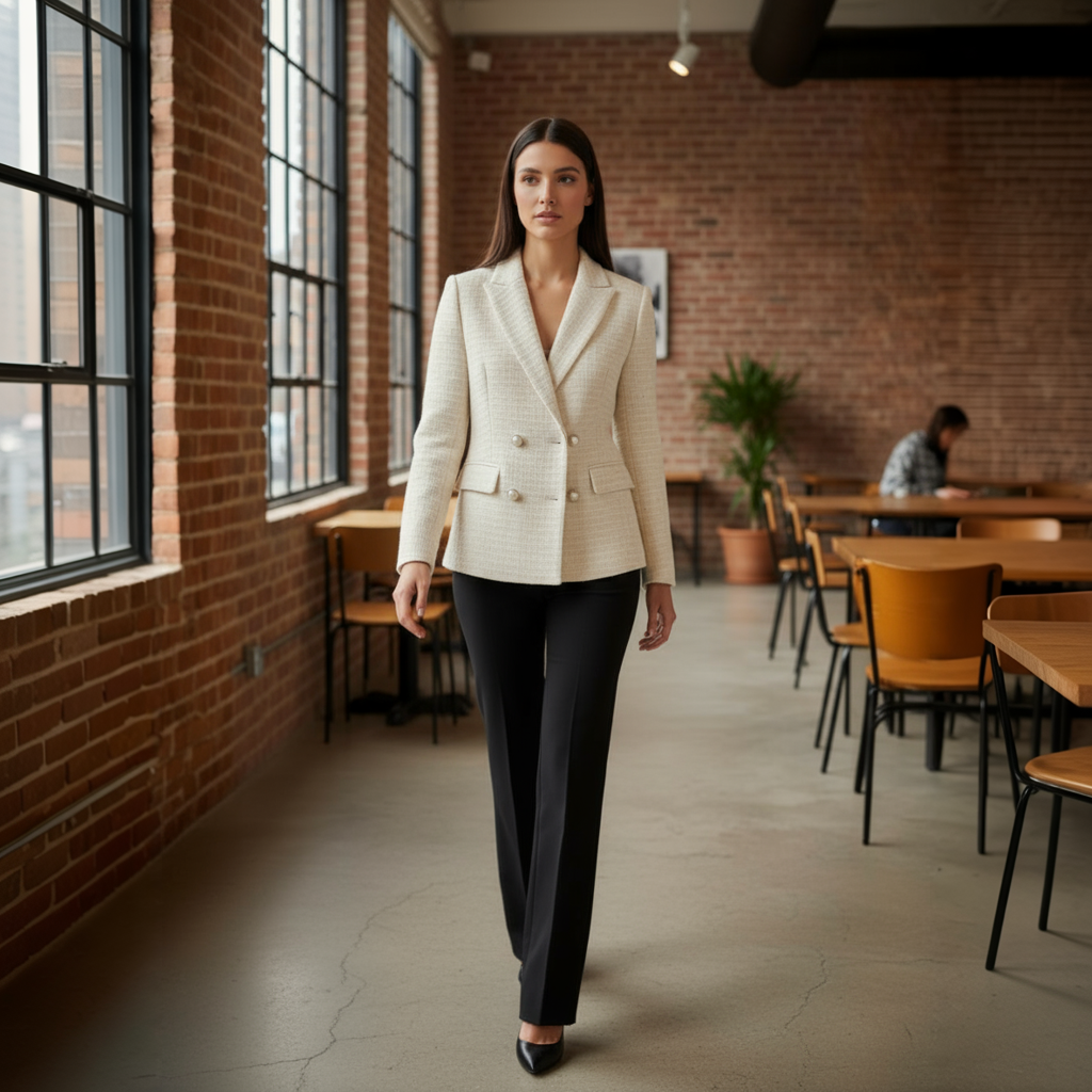 Woman in a beige blazer and black pants walking in a modern office setting.