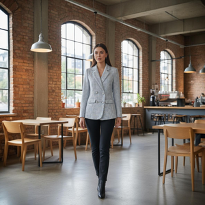 Woman in a gray blazer walking through a modern cafe with brick walls and wooden furniture.