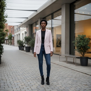 Woman in a pink blazer standing on a sidewalk in an urban setting