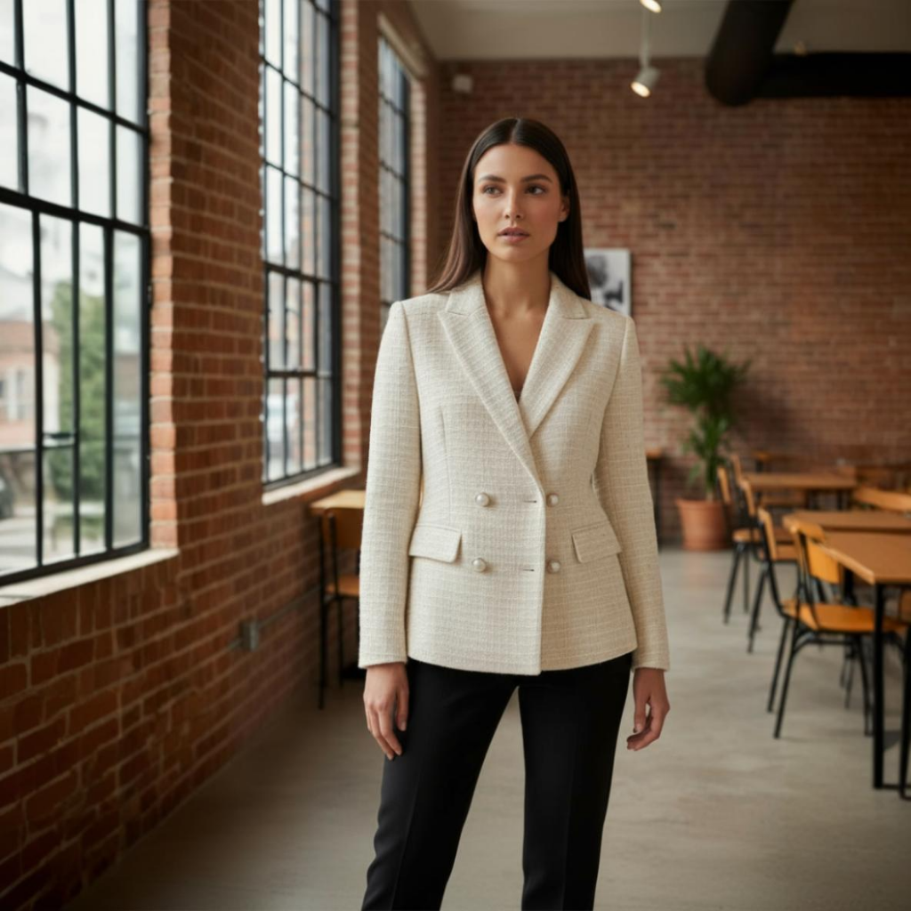 Woman in a beige blazer standing in a modern office setting with brick walls and large windows.