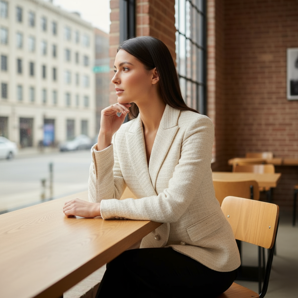 Woman sitting at a table in a cafe with a cityscape background