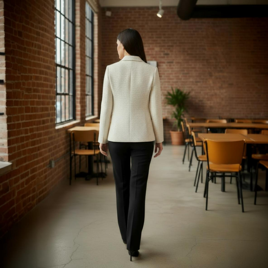Woman in a beige blazer and black pants walking through a modern office with brick walls and wooden furniture.
