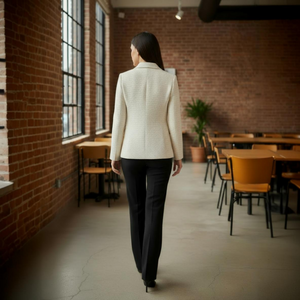 Woman in a beige blazer and black pants walking through a modern office with brick walls and wooden furniture.