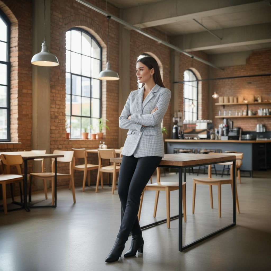 Woman standing in a modern kitchen with large windows and brick walls.