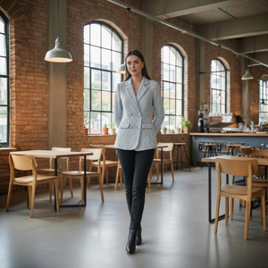 Woman in a checkered blazer walking through a modern cafe with brick walls and large windows.