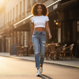 Woman walking on a street with a blurred background
