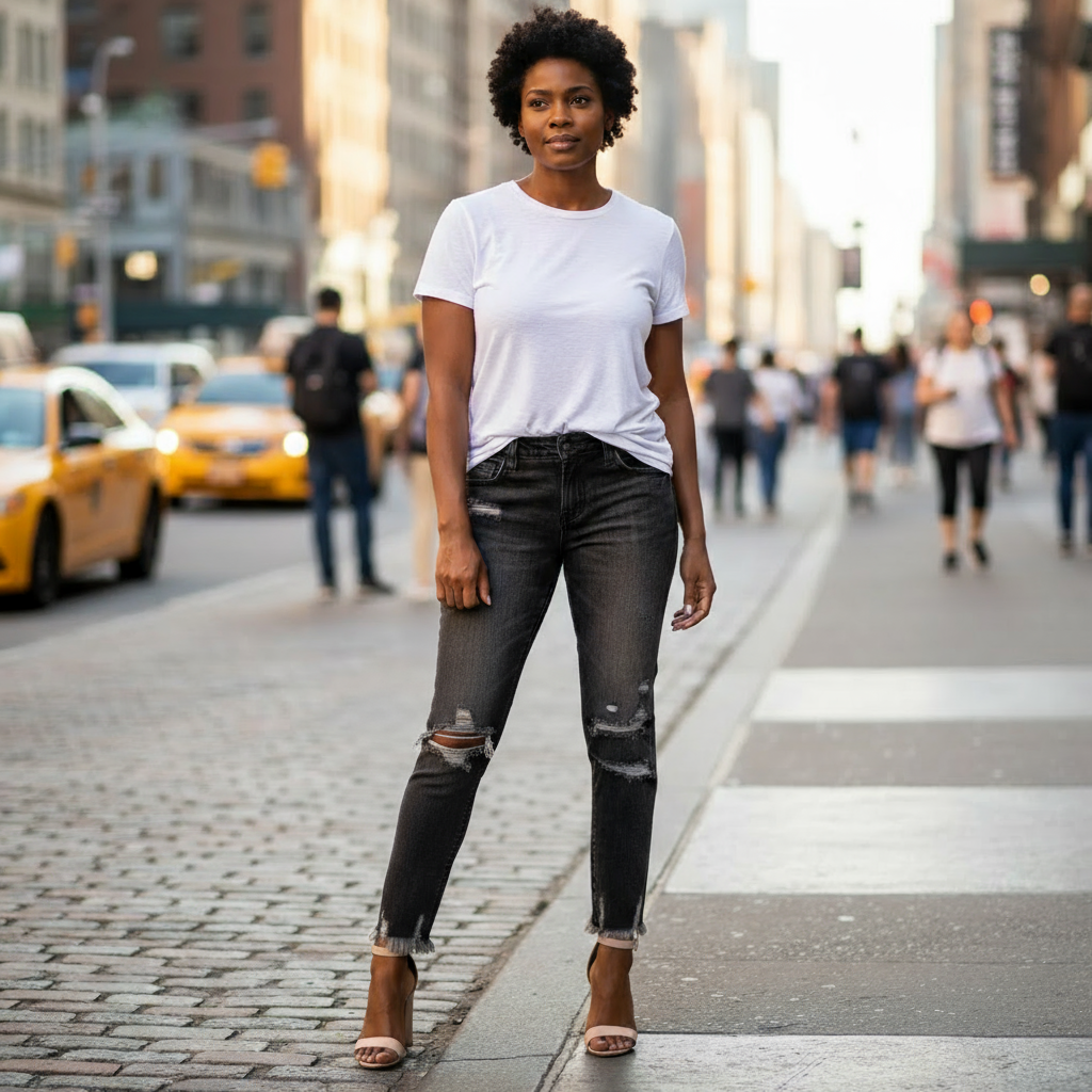 Woman wearing a white t-shirt and ripped black jeans standing on a city street.