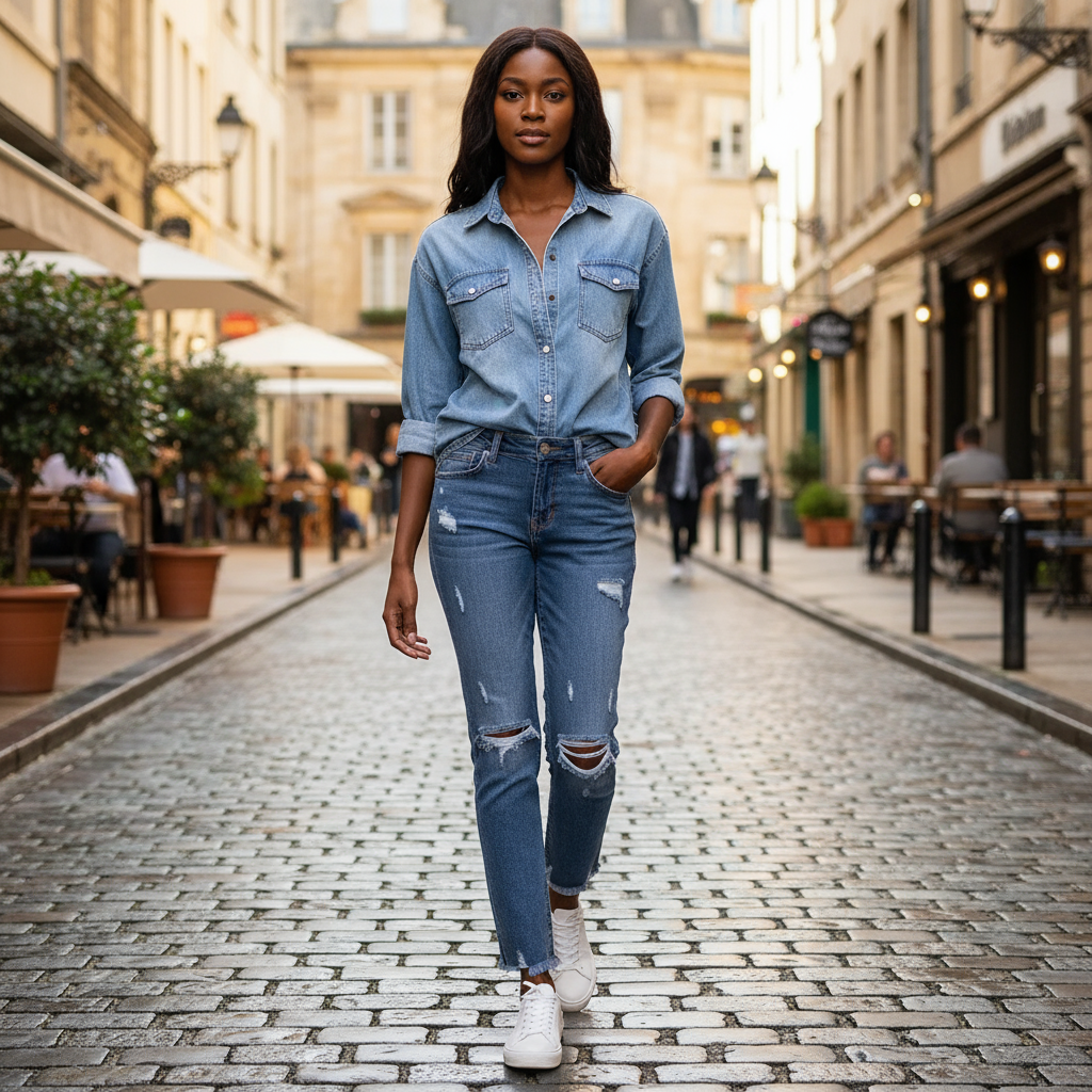 Woman wearing a denim shirt and ripped jeans walking on a cobblestone street.