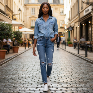Woman wearing a denim shirt and ripped jeans walking on a cobblestone street.