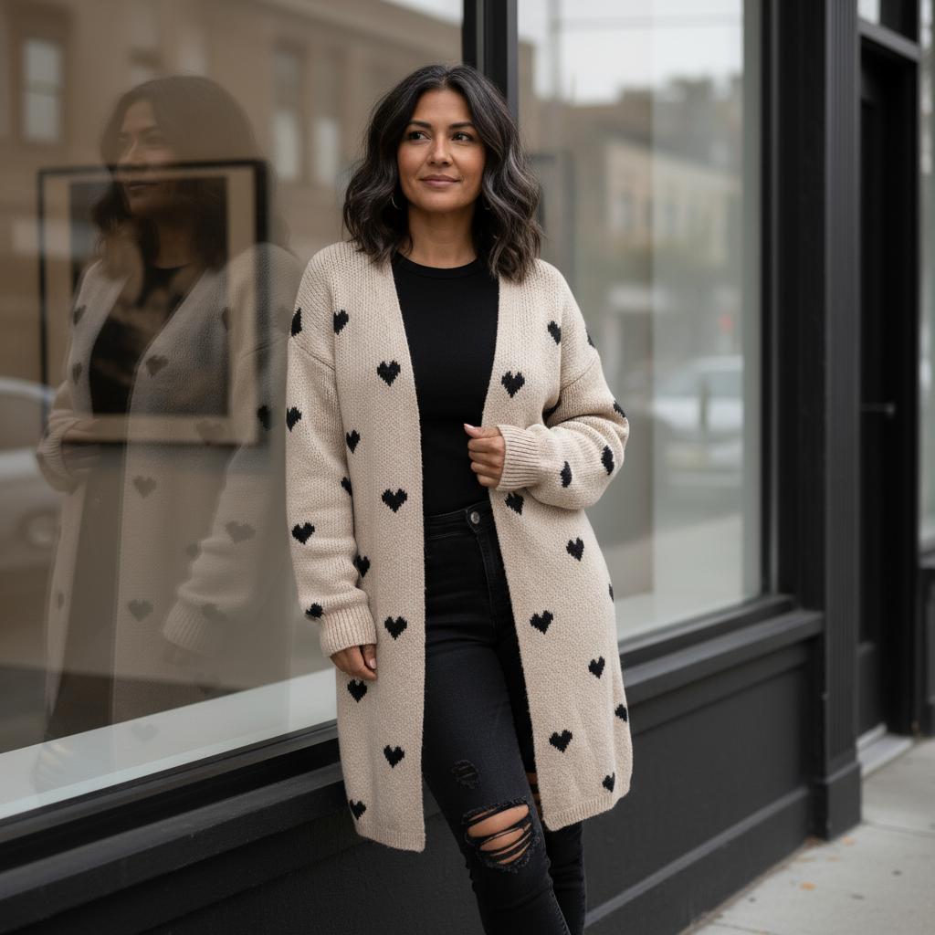 Woman wearing a long cream cardigan with black heart patterns standing in front of a store window.