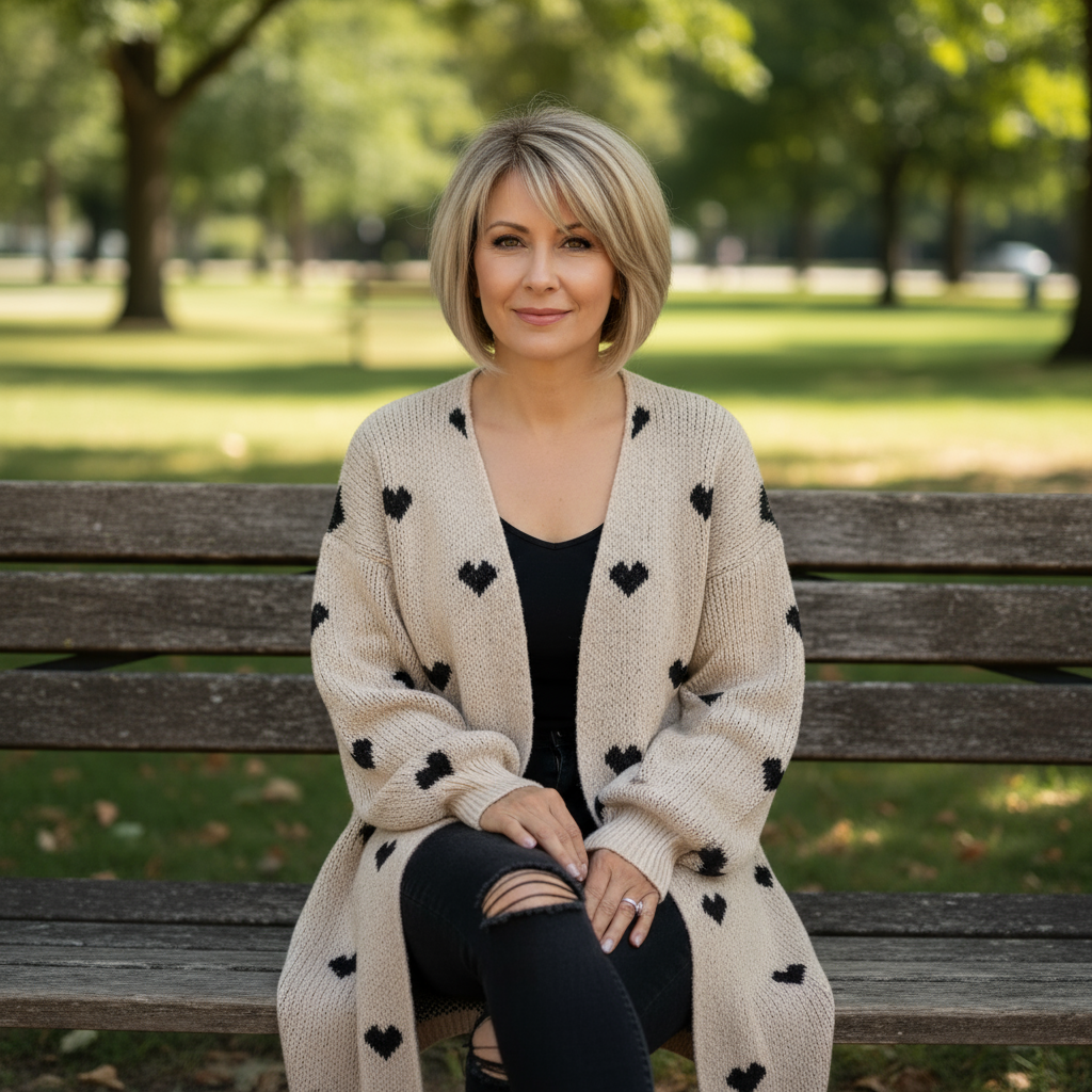 Woman sitting on a park bench wearing a long beige cardigan with black heart patterns.