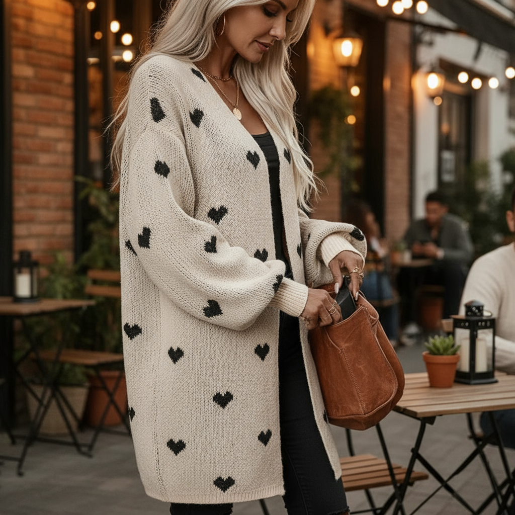 Woman wearing a cream cardigan with black heart patterns in an outdoor setting.